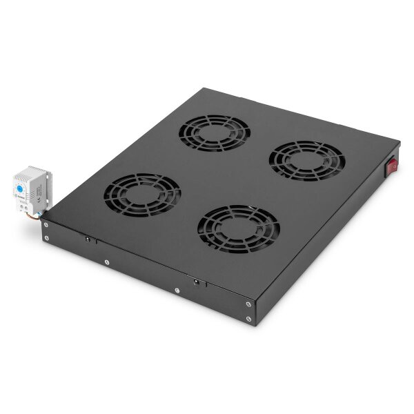 DIGITUS DN-19-FAN-4-HO-SW - Lüftereinheit für 483 mm (19")-Montage 4 Lüfter, Thermostat, Schalter, schwwarz (RAL 9005