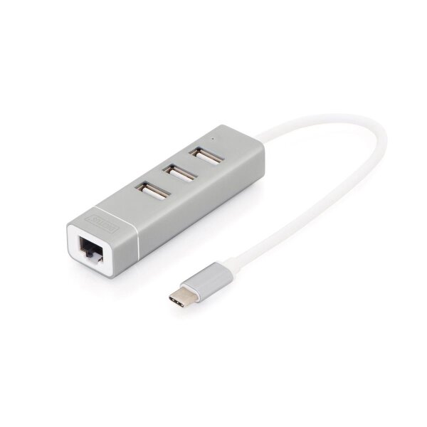 DIGITUS DA-70253 - USB 2.0 Type-C 3-Port HUB & Fast Ethernet LAN 3x USB A/F, 1x RJ45 Lan, Chipset: FE1.1S/RTL8152B