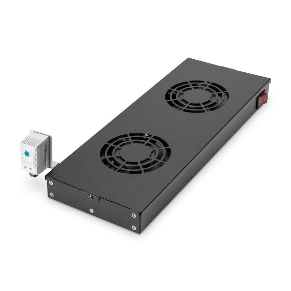 DIGITUS DN-19-FAN-2-HO-SW - Lüftereinheit für 483 mm (19")-Montage 2 Lüfter, Thermostat, Schalter, schwarz (RAL 9005)