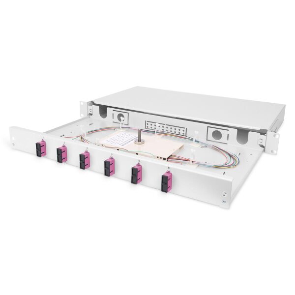 DIGITUS DN-96320-4 - FO Spleißbox, 1HE, bestückt, 6x SC DX, OM4 inkl. Spleißkassette, farbige Pigtails, Kupplungen