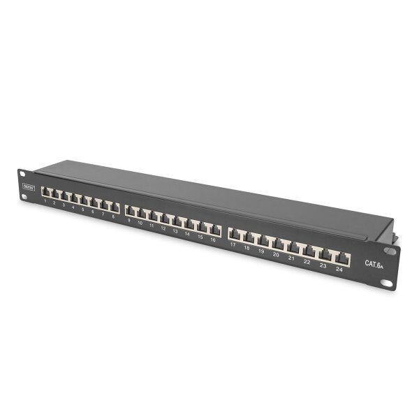 DIGITUS DN-91624S-EA-B - CAT 6A Patch Panel,geschirmt,1HE, 24-Port, 8P8C, sw RAL 9005, 483 mm (19") /482.6x44x109 mm