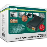 DIGITUS DN-13020 - Multifunction USB Network Server, 1-Port Network USB Hub, NAS, Print Server, USB 2.0, RJ45