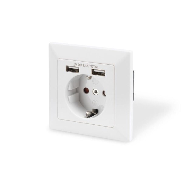 DIGITUS DA-70613 - Schutzkontakt Steckdose, 2x USB, USB Ges. Leistung 5V 2.1A, Eingang: AC 250V 50Hz, RAL 9003