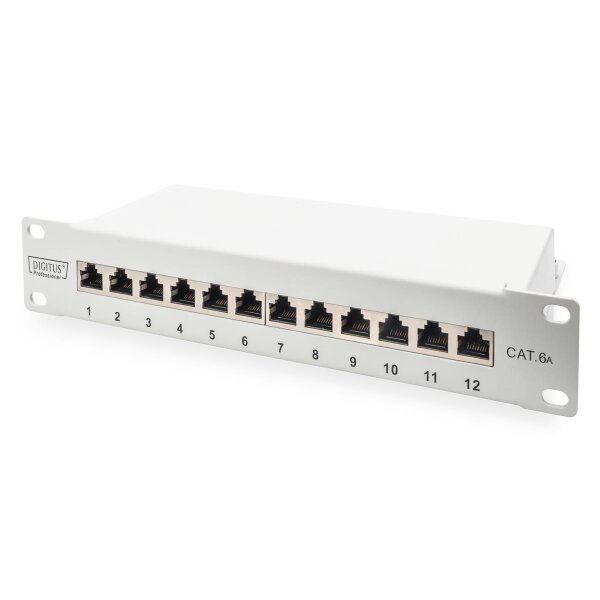 DIGITUS DN-91612S-EA-G - CAT 6A Patch Panel, geschirmt,12-Port 1HE, 10", Rack Mount, grau RAL 7035
