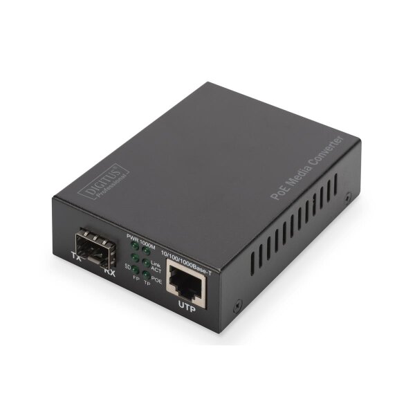 DIGITUS DN-82140 - Gigabit Ethernet PoE+ Medienkonverter, SFP SFP offener Slot, 802.3at, 30W, ohne SFP Modul