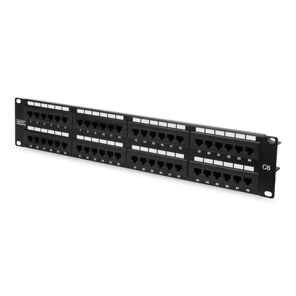 DIGITUS DN-91648U - CAT 6 Patch Panel, ungeschirmt, 48-Port RJ45, 8P8C, LSA, 2HE, Rack Mount, sw RAL 9005