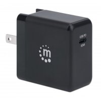 Manhattan GaN Power Delivery USB-Ladegerät 65 W - USB-Netzteil mit ultrakompakter GaN-Technologie - USB-C Power Delivery-Port (PD 3.0) mit bis zu 65 W - auswechselbare Stecker für EU - UK & US - schwarz - Schwarz