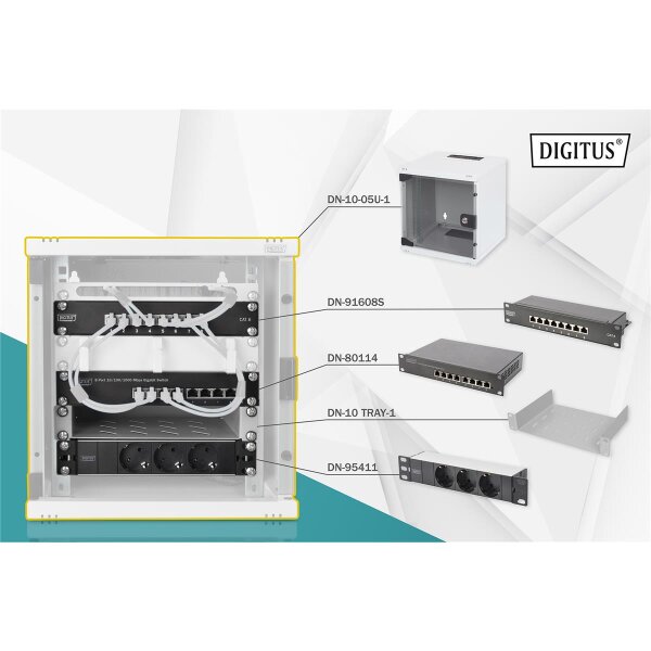 DIGITUS DN-10-SET-1 - 10 Zoll Netzwerk Set, inkl. 6HE Wandgehäuse, grau Fachboden, PDU, 8-Port Switch, CAT 6 Patch Panel