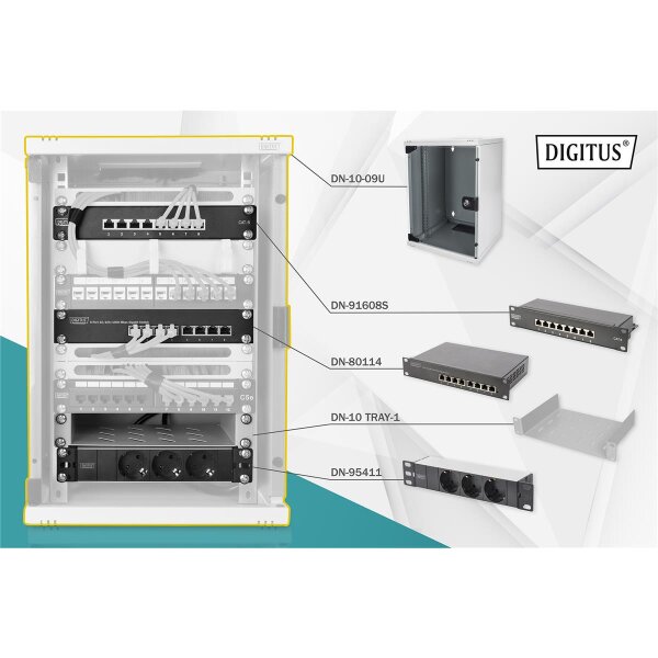 DIGITUS DN-10-SET-2 - 10 Zoll Netzwerk Set, inkl. 9HE Wandgehäuse, grau Fachboden, PDU, 8-Port Switch, CAT 6 Patch Panel