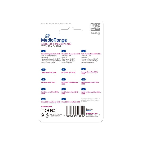 MEDIARANGE 32GB microSDHC - 32 GB - MicroSDHC - Klasse 10 - 45 MB/s - 15 MB/s - Schwarz