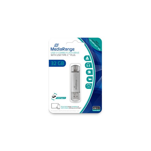 MEDIARANGE MR936 - 32 GB - USB Type-A / USB Type-C - 3.2 Gen 1 (3.1 Gen 1) - 70 MB/s - Kappe - Silber