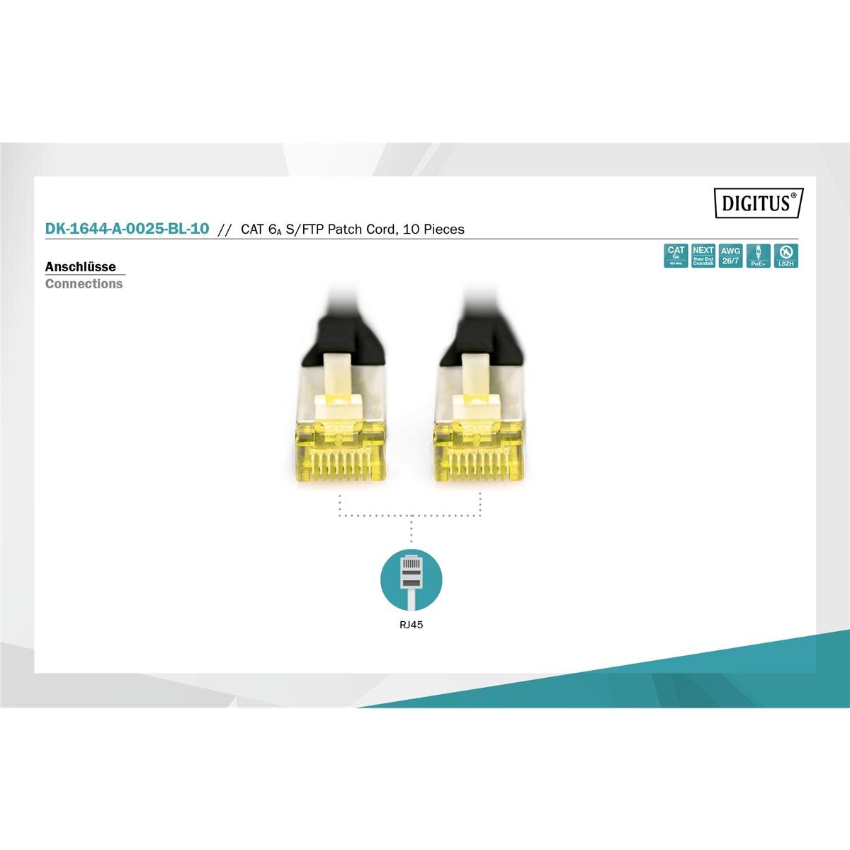 DK-1644-A-0025-BL-10 - CAT 6A S-FTP Patchkabel, Cu, LSZH AWG 26/7, 0.25 m, 10 Stück, Schwarz