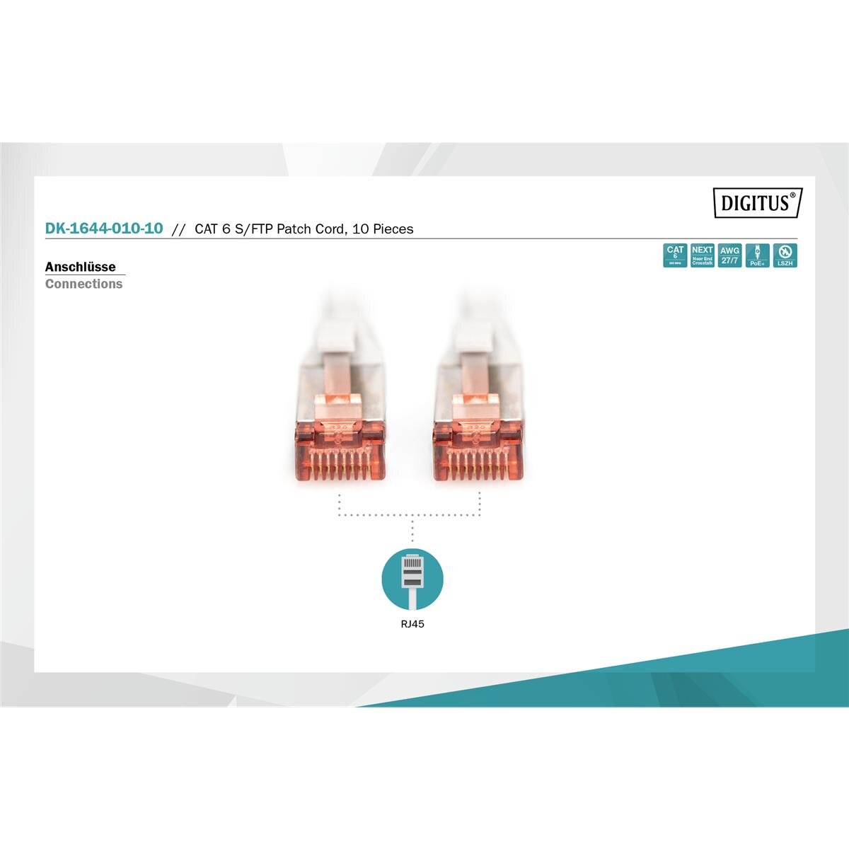 DK-1644-010-10 - CAT 6 S-FTP Patchkabel, Cu, LSZH AWG 27/7, 1 m, 10 Stück, Grau