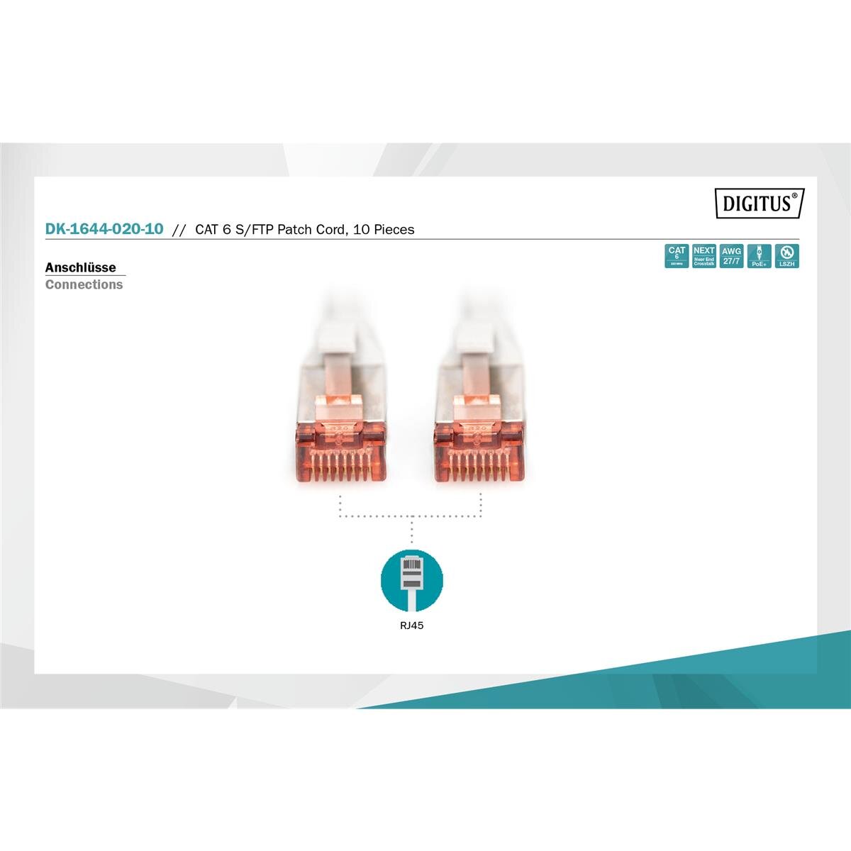 DK-1644-020-10 - CAT 6 S-FTP Patchkabel, Cu, LSZH AWG 27/7, 2 m, 10 Stück, Grau