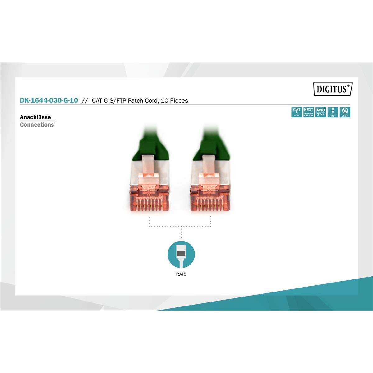 DK-1644-030-G-10 - CAT 6 S-FTP Patchkabel, Cu, LSZH AWG 27/7, 3 m, 10 Stück, Grün