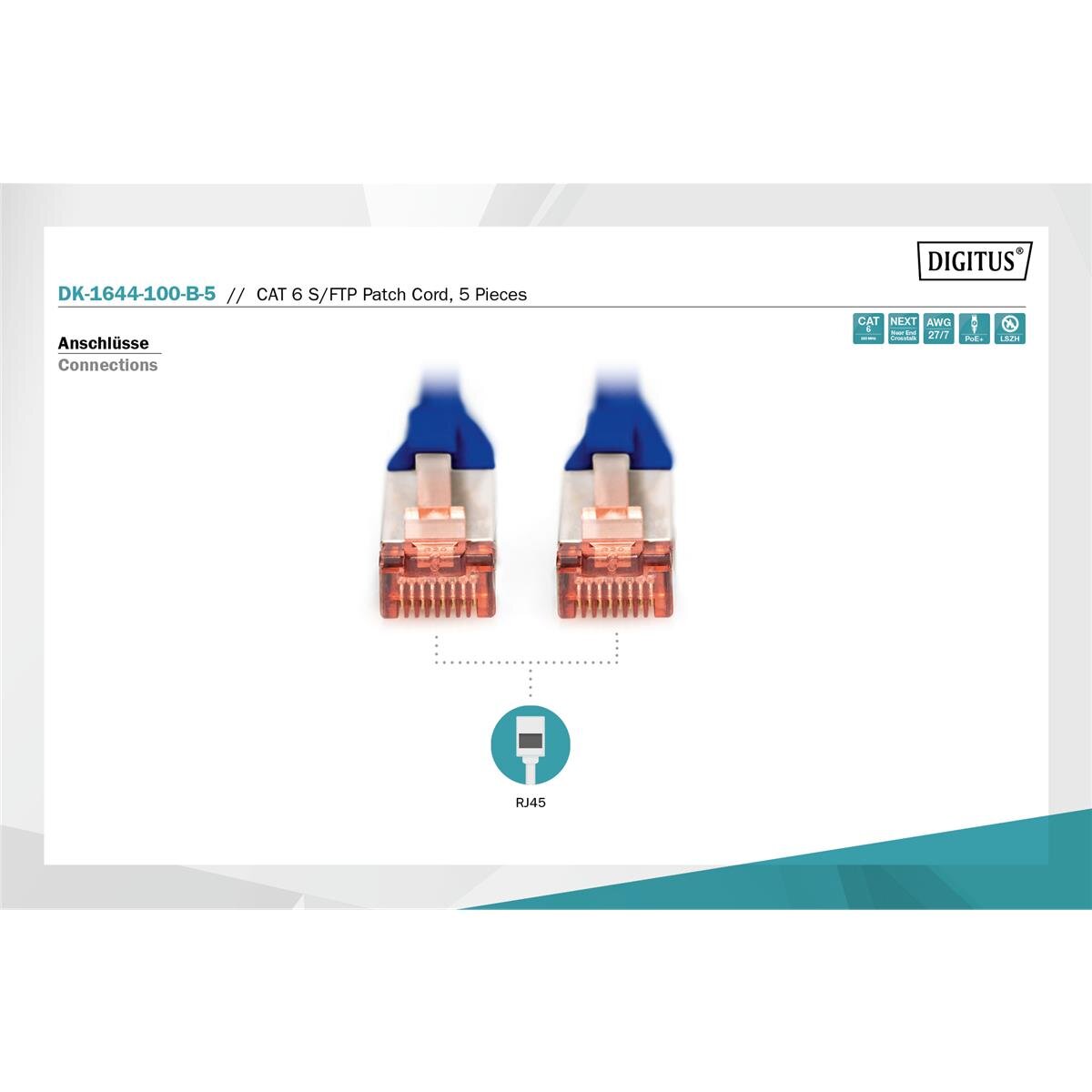 DK-1644-100-B-5 - CAT 6 S-FTP Patchkabel, Cu, LSZH AWG 27/7, 10 m, 5 Stück, Blau