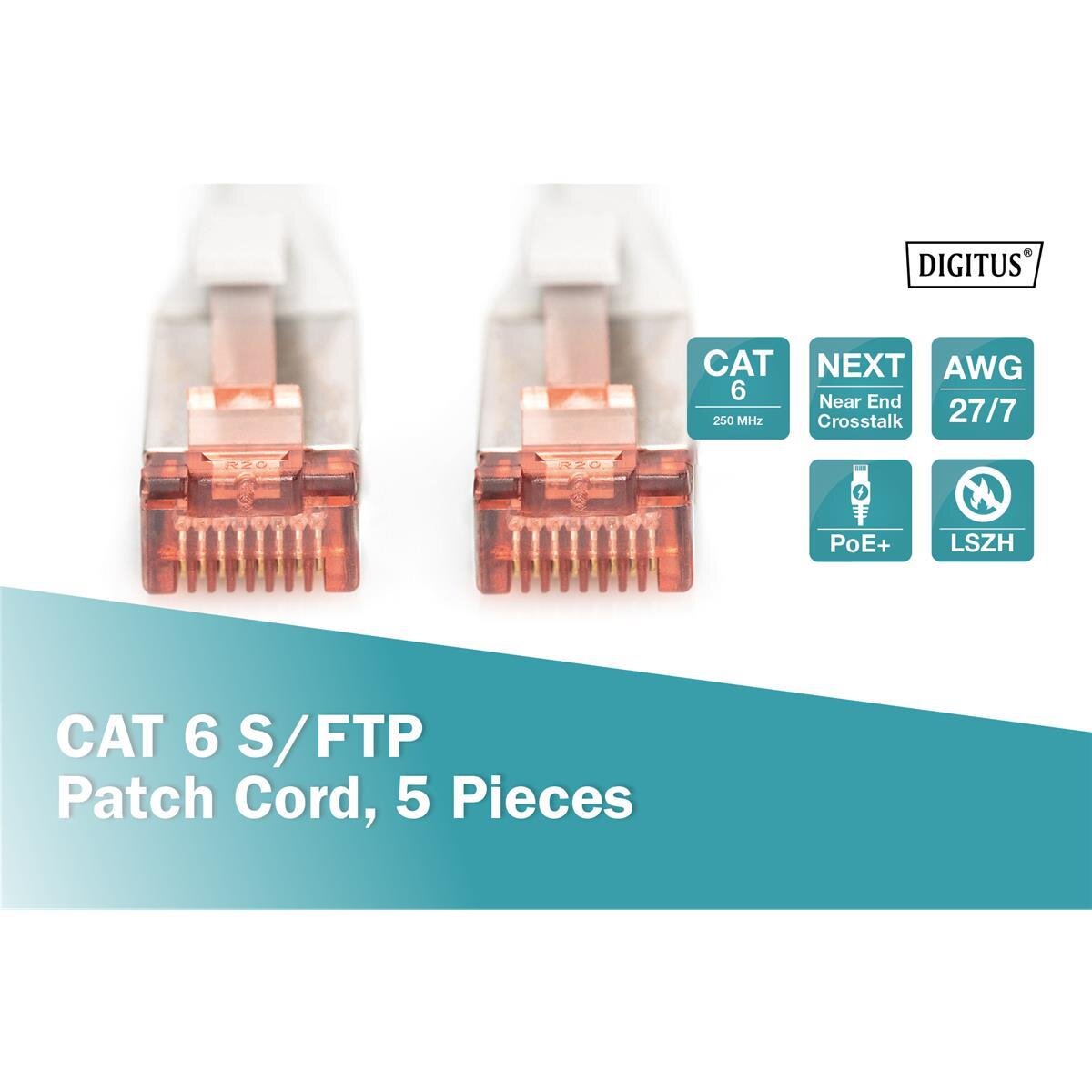 DK-1644-150-5 - CAT 6 S-FTP Patchkabel, Cu, LSZH AWG 27/7, 15 m, 5 Stück, Grau