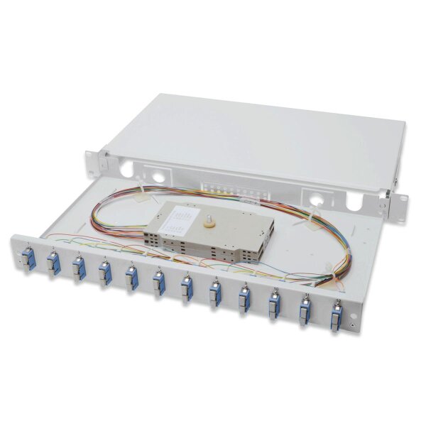 DIGITUS DN-96321/9 - LWL Spleißbox, 1HE, bestückt, 12x SC DX, OS2 inkl. Spleißkass., gefärbte Pigtails, Kupplungen