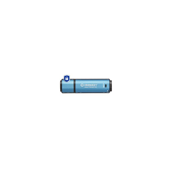 Kingston IronKey 64GB Vault Privacy 50 AES-256 verschlüsselter - FIPS 197 - 64 GB - USB Typ-A - 3.2 Gen 1 (3.1 Gen 1) - 250 MB/s - Kappe - Schwarz - Blau
