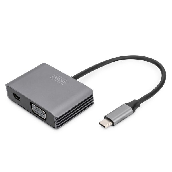 DIGITUS DA-70825 - USB-C - mini DP + VGA Adapter, 20 cm 4K/30Hz, Silber, Aluminium Gehäuse