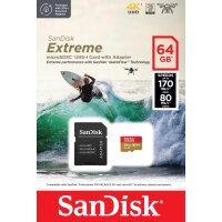 SanDisk Extreme microSDXC 64GB SD Adapter Action Cams and Drones 170MB/s 80MB/s A2 C10 V30 UHS-I U3