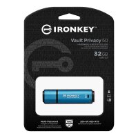 Kingston IronKey 32GB Vault Privacy 50 AES-256 verschlüsselter - FIPS 197 - 32 GB - USB Typ-A - 3.2 Gen 1 (3.1 Gen 1) - 250 MB/s - Kappe - Schwarz - Blau