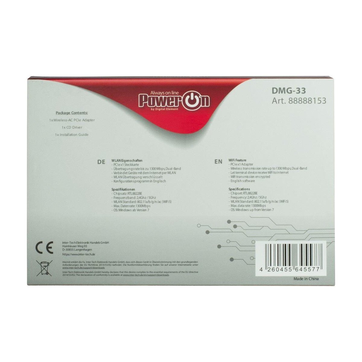 Inter-Tech DMG-33 - Eingebaut - Kabellos - PCI Express - WLAN - Wi-Fi 5 (802.11ac) - 1300 Mbit/s