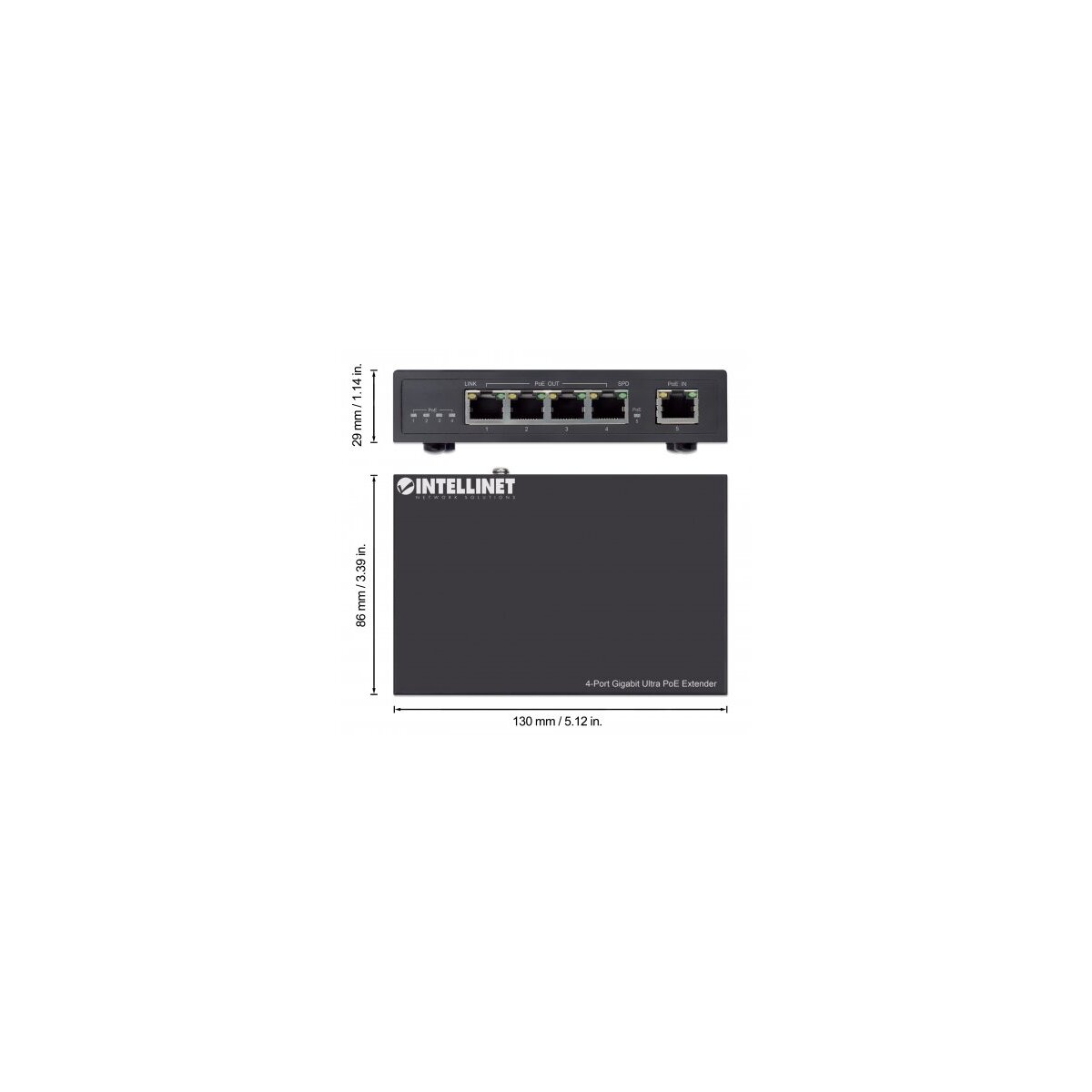 IC Intracom 4-Port Gigabit Ultra PoE-Extender - Verlängert PoE-Reichweite um 100 m - PoE-Strombudget 90 W - vier PSE-Ports mit jeweils 30 W Ausgangsleistung - IEEE 802.3bt/at/af-konform - Metallgehäuse - Netzwerksender - 100 m - 10000 Mbit/s - Cat5e - 10,