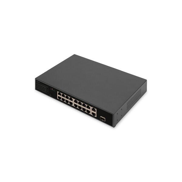 DIGITUS 16-Port Fast Ethernet PoE Netzwerkswitch, 19 Zoll, unmanaged, 2+1 Uplink Ports, RJ45 + SFP, 185 W, af/at