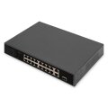DIGITUS 16-Port Fast Ethernet PoE Netzwerkswitch, 19 Zoll, unmanaged, 2+1 Uplink Ports, RJ45 + SFP, 185 W, af/at