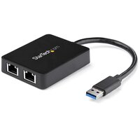 StarTech.com USB 3.0 auf Dual Port Gigabit Ethernet LAN Adapter mit USB-Port - Schwarz - Verkabelt - USB - Ethernet - 5000 Mbit/s - Schwarz
