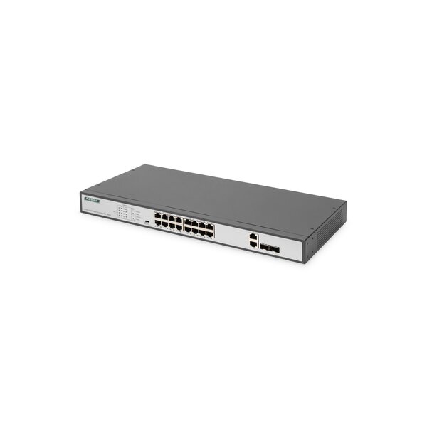 DIGITUS 16-Port Fast Ethernet PoE Netzwerkswitch, 19 Zoll, unmanaged, 2 Uplink Ports, SFP, 250 W, af/at