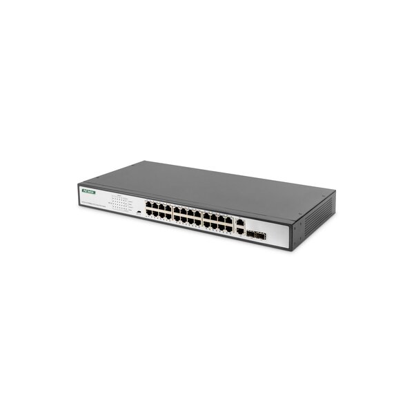 DIGITUS 24-Port Fast Ethernet  PoE Netzwerkswitch, 19 Zoll, unmanaged, 2 GE Uplink Ports, SFP, 370 W, af/at