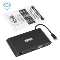 Tripp USB-C-Dual-Display-Dock - 4K HDMI - VGA - 4K Mini DP - Gbe - Kartenlesegerät - 3x USB-A-Anschlüsse - PD-Aufladung - schwarz - USB 3.2 Gen 2 (3.1 Gen 2) Type-C - MicroSDHC - SD - Mini DisplayPort - HDMI - RJ-45 - USB 3.2 Gen 1 (3.1 Gen 1) Type-A - VG