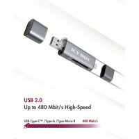 ICY BOX IB-CR200-C - MMC,MicroSD (TransFlash),MicroSDHC,MicroSDXC,SD,SDHC,SDXC - Anthrazit - 480 Mbit/s - Aluminium - Kunststoff - USB 2.0 - USB