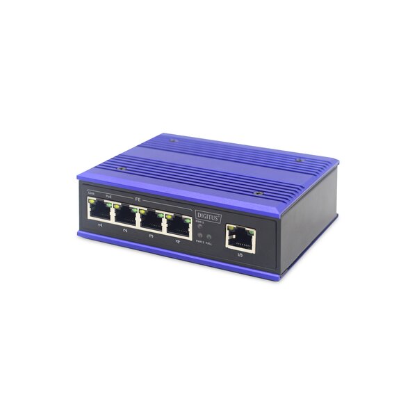 DIGITUS 4 Port Fast Ethernet Netzwerk PoE Switch, Industrial, Unmanaged, 1 RJ45 Uplink
