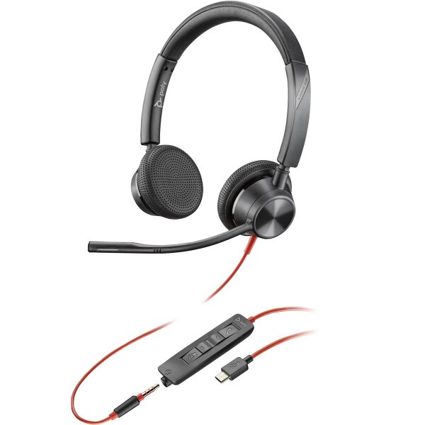 Poly Blackwire 3325 USB-C Stereo-Headset + 3.5-mm-Stecker + USB-C/A-Adapter - Kabelgebunden - Büro/Callcenter - 20 - 20000 Hz - 131 g - Kopfhörer - Schwarz