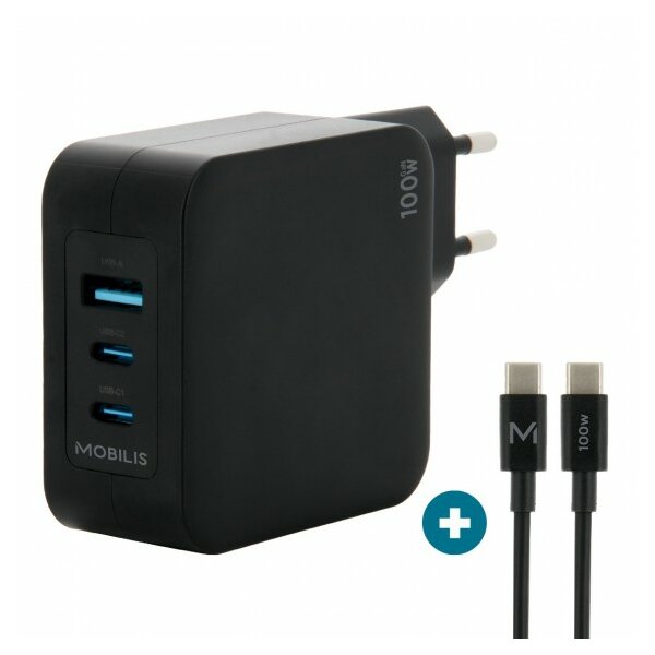 Mobilis Wall Charger - 100 W - 2 USB C+ 1 A GaN+ cable - 2m - 100W