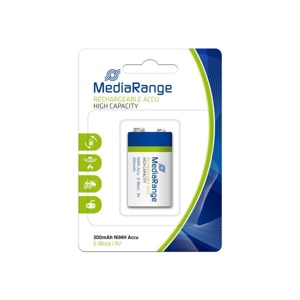 MEDIARANGE MRBAT124 - Wiederaufladbarer Akku - Nickel-Metallhydrid (NiMH) - 9 V - 1 Stück(e) - 300 mAh - Cd (cadmium) - Hg (Quecksilber)