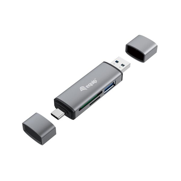 Equip Kartenleser mit USB 3.0-Hub - OTG - MicroSD (TransFlash) - MicroSDHC - SD - SDHC - Grau - CE & RoHS - USB 3.2 Gen 1 (3.1 Gen 1) Type-A/Type-C - 202 mm - 12 mm