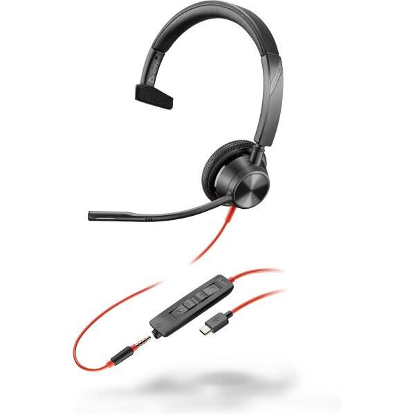 Poly Blackwire 3315 Monoaurales USB-C-Headset + 3,5-mm-Stecker + USB-C/A-Adapter - Kabelgebunden - Büro/Callcenter - 103 g - Kopfhörer - Schwarz
