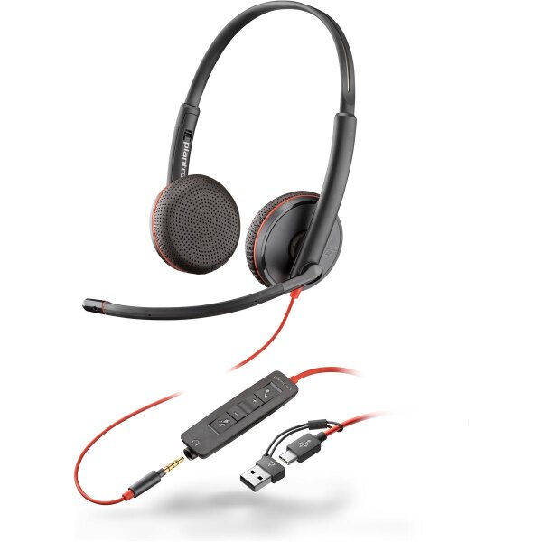 Poly Blackwire 3225 USB-C Stereo-Headset + 3.5-mm-Stecker + USB-C/A-Adapter - Kabelgebunden - Büro/Callcenter - 200 - 6800 Hz - 119 g - Kopfhörer - Schwarz