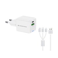 Conceptronic 2-Port 33W GaN USB-PD-Ladegerät mit 3-in-1-Ladekabel, USB-C x 1, USB-A x 1, QC 3.0, PPS, Drinnen, AC, 20 V, 1,5 m, Weiß