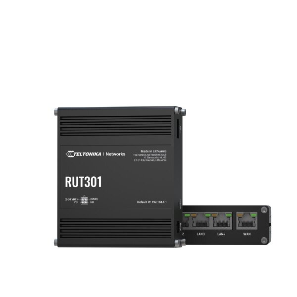 Teltonika RUT301 (EU) ethernet router, Router für Mobilfunknetz, Schwarz, Aluminium, Industriell, LAN, Leistung, Status, WAN, Schnelles Ethernet