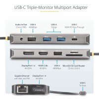 StarTech.com Drei Monitor USB-C Multiport Adapter, 2x 4K 60Hz + 4K 30Hz HDMI & DisplayPort, 4x USB-A Hub, 100W PD Pass-Through, GbE, SD/MicroSD Kartenleser, Laptop Dockingstation, Kabelgebunden, USB 3.2 Gen 1 (3.1 Gen 1) Type-C, 100 W, 2.0b, 10,100,1000 M