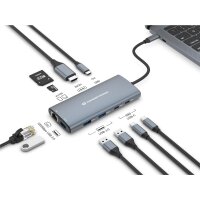 Conceptronic DONN06G 10-in-1 USB 3.2 Gen 1 Dockingstation, HDMI, 100W USB PD, USB-C 5Gbps x 2, USB-A 5Gbps x 3, SD, TF/MicroSD, GbE, Kabelgebunden, USB 3.2 Gen 1 (3.1 Gen 1) Type-C, 100 W, 10,100,1000 Mbit/s, Grau, MicroSD (TransFlash), MicroSDHC, MicroSD