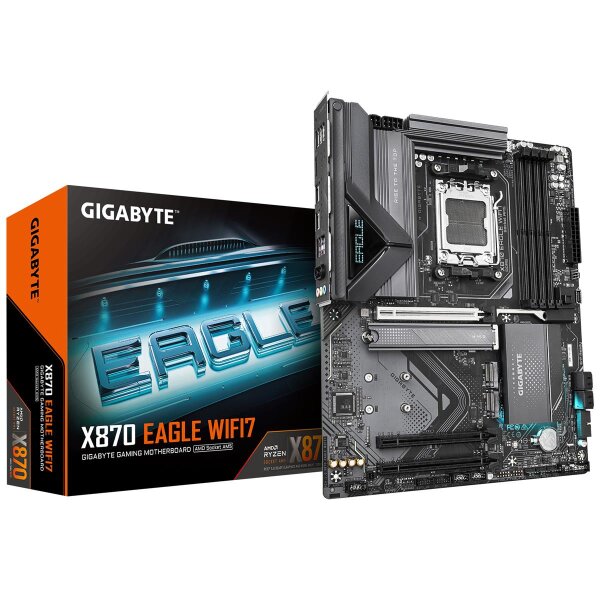Gigabyte X870 EAGLE WIFI7 Mainboard - Unterstützt AMD Ryzen 9000 CPUs, 14+2+2 Phasen VRM, bis zu 8000MHz DDR5 (OC), 1xPCIe 5.0+ 2xPCIe 4.0, Wi-Fi 7, 2.5GbE LAN, USB 4, AMD, Sockel AM5, AMD Ryzen 7000 Series, AMD Ryzen 8000 Series, AMD Ryzen 9000 Series, S