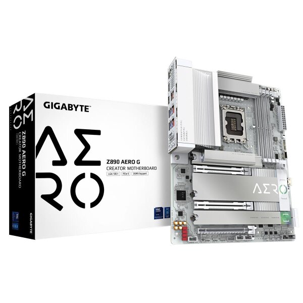 Gigabyte Z890 AERO G Mainboard - Unterstützt Intel Core Ultra (Serie 2) CPUs, 16+1+2 Phasen VRM, bis zu 8800MHz DDR5 (OC), 1xPCIe 5.0+ 4xPCIe 4.0, Wi-Fi 7, 2.5GbE LAN, Thunderbolt 4, Intel, LGA 1851 (Socket V1), Intel Core Ultra (Series 2), LGA 1851, DDR5