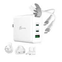 j5create 65-Watt-GaN-USB-C-Reiseladegerät mit 3 Anschlüssen - einschließlich austauschbaren Netzsteckern und USB-C-Kabel - Drinnen - AC - Weiß