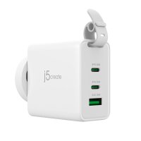 j5create 65-Watt-GaN-USB-C-Reiseladegerät mit 3 Anschlüssen - einschließlich austauschbaren Netzsteckern und USB-C-Kabel - Drinnen - AC - Weiß